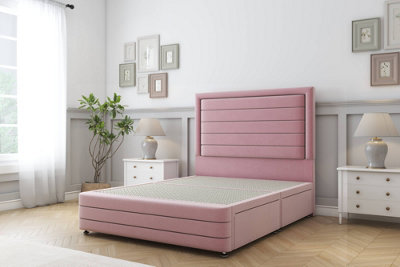 Sloomy Ashford Pink Plush Divan Bed Base No Drawers-26" Strutted Headboard  12" Footboard 4'6 Double from B&Q