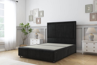 Sloomy Lancaster Black Plush Divan Bed 2 Drawers Right Side-26" Strutted Headboard 12" Footboard 3' Single from B&Q