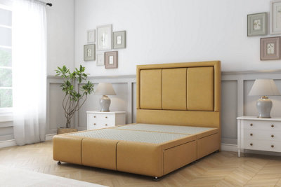 Sloomy Lancaster Mustard Plush Divan Bed 2 Drawers Foot-End-54" Floor Standing Headboard 12" Footboard 4'6 Double from B&Q