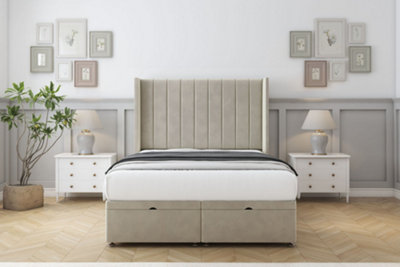 Sloomy Falcon Cream Plush Ottoman Bed Base With 54" Wingback Headboard 4'6 Double from B&Q