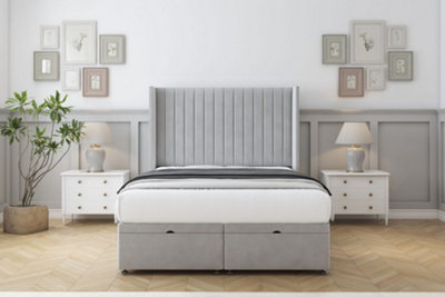 Sloomy Marlborough Silver Plush Ottoman Bed Base With 54" Wingback Headboard 4'6 Double from B&Q