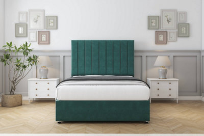Sloomy Kansas Emerald Plush Divan Bed With Mattress 2 Drawers Same Side With 54" Floor Standing Headboard 5' King from B&Q