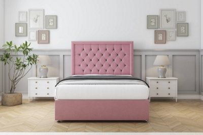 Sloomy Montana Pink Plush Divan Bed With Mattress 2 Drawers Same Side With 54" Floor Standing Headboard 2'6 Small Single from B&Q