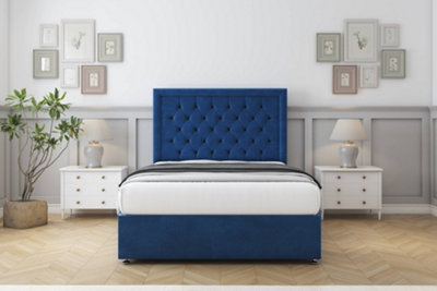 Sloomy Montana Navy Plush Divan Bed With Mattress 2 Drawers Same Side With 54" Floor Standing Headboard 4'6 Double from B&Q