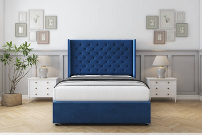 Sloomy Dior Navy Plush Divan Bed With Mattress No Drawers With 54" Wingback Headboard 2'6 Small Single from B&Q