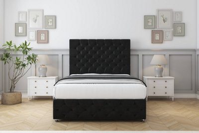 Sloomy Watson Black Plush Divan Bed Set 2 Drawers Left Side With 26" Strutted & 12" Footboard 5' King from B&Q