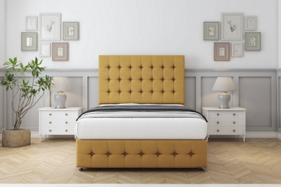 Sloomy Berlin Mustard Plush Divan Bed Set 4 Drawers With 26" Strutted & 12" Footboard 4'6 Double from B&Q