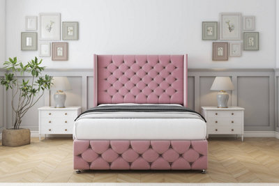 Sloomy Luthor Pink Plush Divan Bed Set No Drawers54" Wingback & 12" Footboard 5' King from B&Q