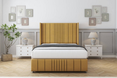 Sloomy Hargrave Mustard Plush Divan Bed Set No Drawers With 54" Wingback & 12" Footboard 2'6 Small Single from B&Q