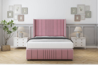 Sloomy Hargrave Pink Plush Divan Bed Set No Drawers With 54" Wingback & 12" Footboard 4'6 Double from B&Q