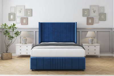 Sloomy Hargrave Navy Plush Divan Bed Set 2 Drawers Foot-End With 54" Wingback & 12" Footboard 5' King from B&Q