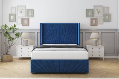 Sloomy Rutherford Navy Plush Divan Bed Set No Drawers With 54" Wingback & 12" Footboard 4'6 Double from B&Q