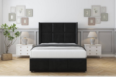 Sloomy Beaumont Black Plush Divan Bed With Mattress No Drawers With 54" Wingback & 12" Footboard 5' King from B&Q