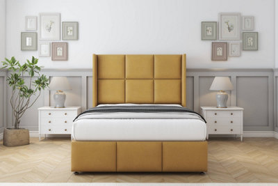 Sloomy Beaumont Mustard Plush Divan Bed With Mattress No Drawers With 54" Wingback & 12" Footboard 2'6 Small Single from B&Q