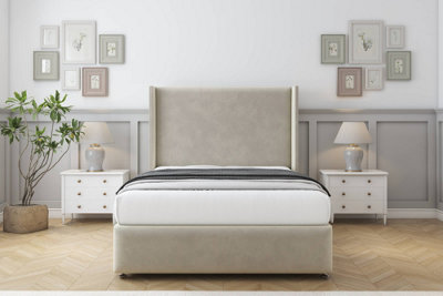 Sloomy Stratford Cream Plush Divan Bed Set No Drawers With 54" Wingback & 12" Footboard 4'6 Double from B&Q