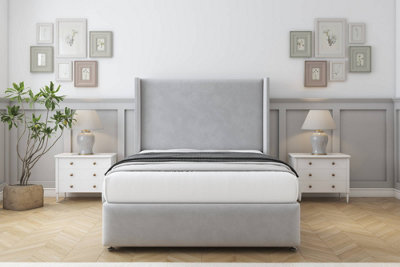 Sloomy Stratford Silver Plush Divan Bed Set No Drawers With 54" Wingback & 12" Footboard 5' King from B&Q