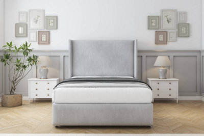 Sloomy Stratford Silver Naples Divan Bed Set No Drawers With 54" Wingback & 12" Footboard 4'6 Double from B&Q