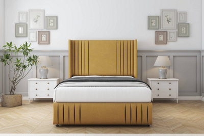 Sloomy Camden Mustard Plush Divan Bed With Mattress No Drawers With 54" Wingback & 12" Footboard 2'6 Small Single from B&Q