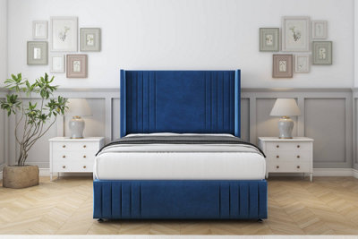 Sloomy Camden Navy Plush Divan Bed With Mattress 2 Drawers Foot-End With 54" Wingback & 12" Footboard 4'6 Double from B&Q