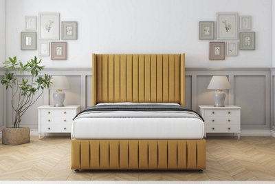 Sloomy Marlborough Mustard Plush Divan Bed Set No Drawers54" Wingback & 12" Footboard 4'6 Double from B&Q