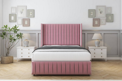 Sloomy Marlborough Pink Plush Divan Bed Set No Drawers54" Wingback & 12" Footboard 4'6 Double from B&Q