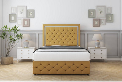 Sloomy Sofia Chrome Mustard Plush Divan Bed Set 2 Drawers Left Side26" Strutted  & 12"  Footboard 5' King from B&Q