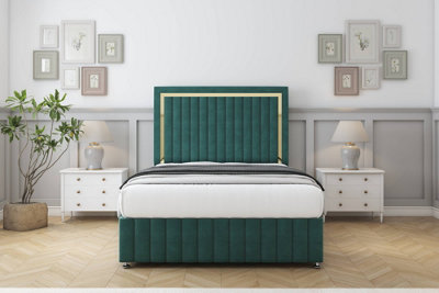 Sloomy Boston Gold Emerald Plush Divan Bed Set No Drawers With 26" Strutted & 12" Footboard 4'6 Double from B&Q