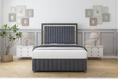 Sloomy Boston Gold Steel Plush Divan Bed Set 2 Drawers Left Side With 54" Floor Standing & 12" Footboard 5' King from B&Q