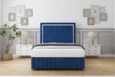 Sloomy Boston Chrome Navy Plush Divan Bed Set 2 Drawers Right Side26" Strutted 12" Footboard 5' King from B&Q