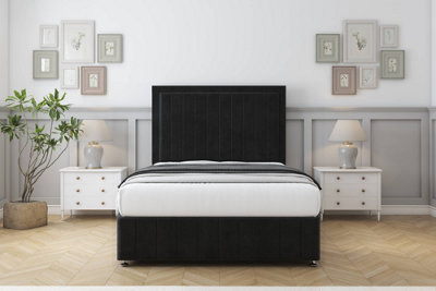 Sloomy Pemberton Black Plush Divan Bed Set No Drawers26" Strutted  & 12" Footboard 4'6 Double from B&Q