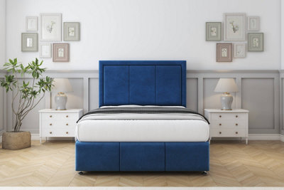 Sloomy Lancaster Navy Plush Divan Bed Set 2 Drawers Left Side26" Strutted  & 12"  Footboard 4'6 Double from B&Q