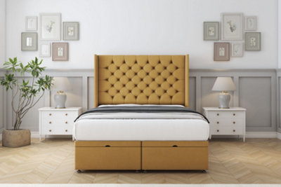Sloomy Dior Mustard Plush Ottoman Bed With Mattress With 54" Wingback Headboard 5' King from B&Q
