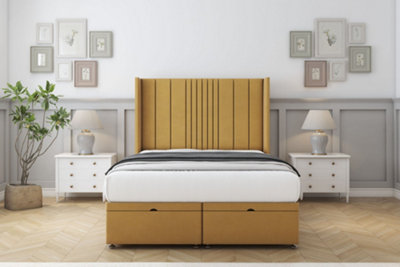 Sloomy Hargrave Mustard Plush Ottoman Bed With Mattress With 54" Wingback Headboard 6' Super King from B&Q