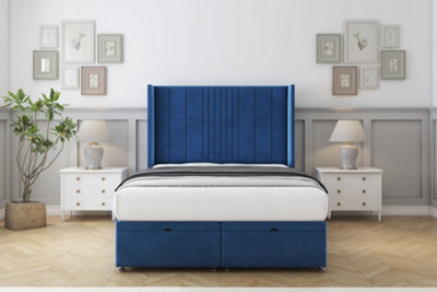 Sloomy Hargrave Navy Plush Ottoman Bed With Mattress With 54" Wingback Headboard 4' Small Double from B&Q