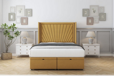 Sloomy Rutherford Mustard Plush Ottoman Bed With Mattress With 54" Wingback Headboard 2'6 Small Single from B&Q