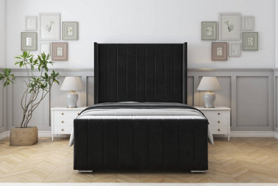 Sloomy Melbourne Black Plush Bed Frame  With 50" Upholstered Wingback Headboard 2'6 Small Single from B&Q