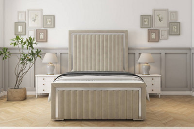 Sloomy Boston Chrome Cream Plush Bed Frame With 50" Upholstered Headboard 6' Super King from B&Q