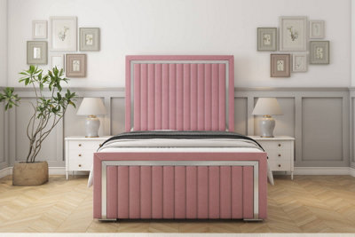 Sloomy Boston Chrome Pink Plush Bed Frame With 50" Upholstered Headboard 4'6 Double from B&Q