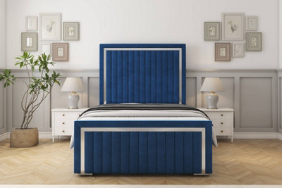 Sloomy Boston Chrome Navy Plush Bed Frame With 50" Upholstered Headboard 4'6 Double from B&Q