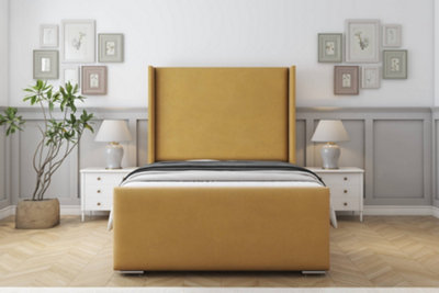 Sloomy Devonshire Mustard Plush Bed Frame With 50"  Upholstered Wingback Headboard 3' Single from B&Q