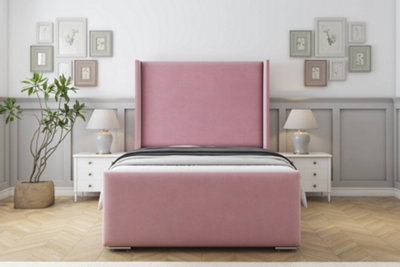 Sloomy Devonshire Pink Plush Bed Frame With 50"  Upholstered Wingback Headboard 3' Single from B&Q