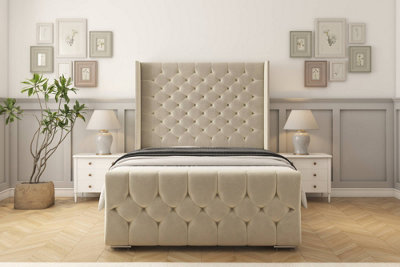 Sloomy Luthor Cream Plush Bed Frame With 50"  Upholstered Wingback Headboard 2'6 Small Single from B&Q