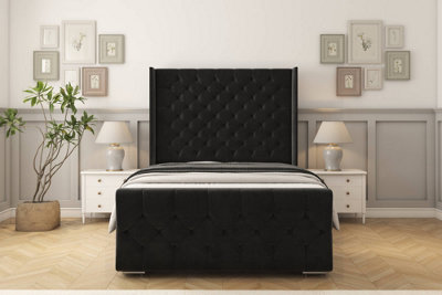 Sloomy Luthor Black Plush Bed Frame With 50"  Upholstered Wingback Headboard 2'6 Small Single from B&Q