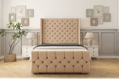 Sloomy Luthor Pebble Plush Bed Frame With 50"  Upholstered Wingback Headboard 4' Small Double from B&Q