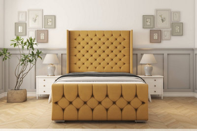 Sloomy Luthor Mustard Plush Bed Frame With 50"  Upholstered Wingback Headboard 2'6 Small Single from B&Q