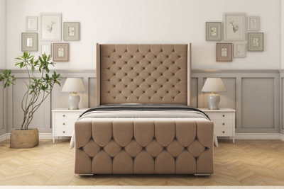 Sloomy Luthor Mink Plush Bed Frame With 50"  Upholstered Wingback Headboard 4'6 Double from B&Q