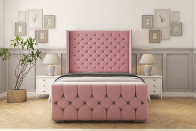 Sloomy Luthor Pink Plush Bed Frame With 50"  Upholstered Wingback Headboard 3' Single from B&Q