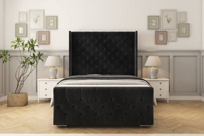 Sloomy Luthor Black Naples Bed Frame With 50"  Upholstered Wingback Headboard 4'6 Double from B&Q