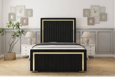Sloomy Boston Gold Black Plush Bed Frame With 50" Upholstered Headboard 4'6 Double from B&Q