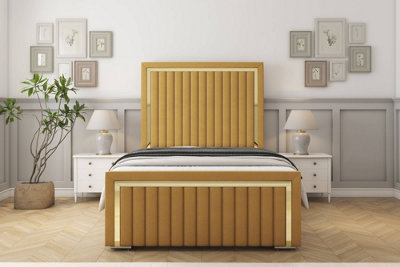 Sloomy Boston Gold Mustard Plush Bed Frame With 50" Upholstered Headboard 2'6 Small Single from B&Q